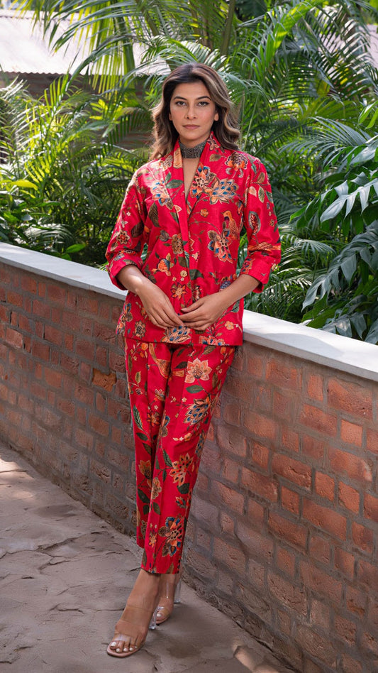 Beautiful Red Floral Designer Co-ord Set