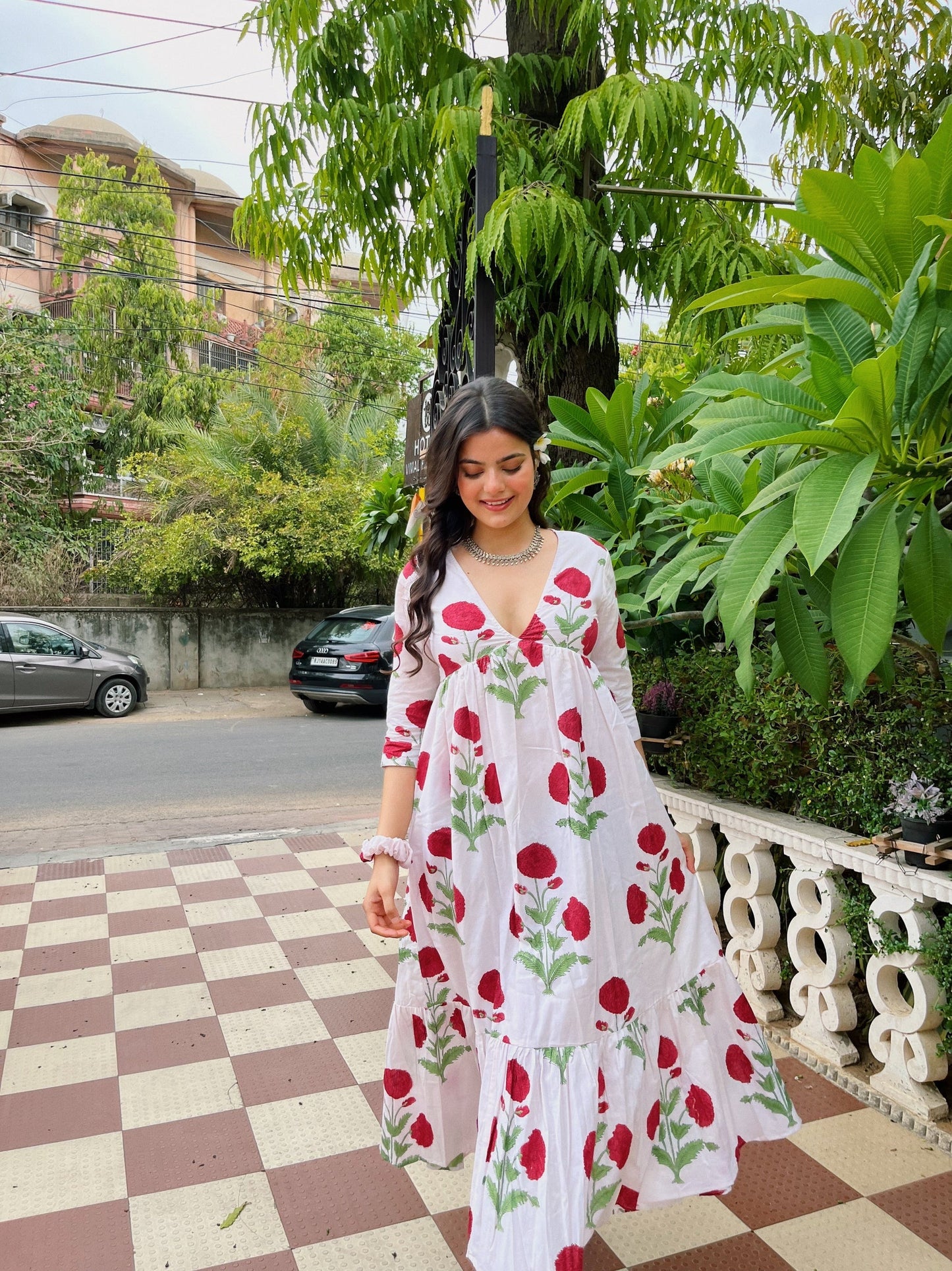 Floral Rose White Cotton Dress