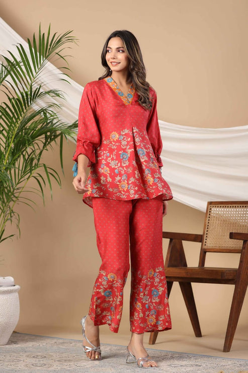 Stylish Red Muslin Co-ord Set