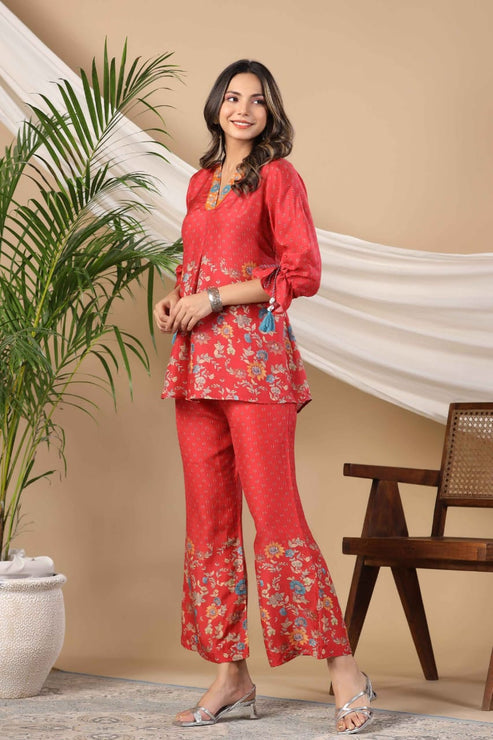 Stylish Red Muslin Co-ord Set