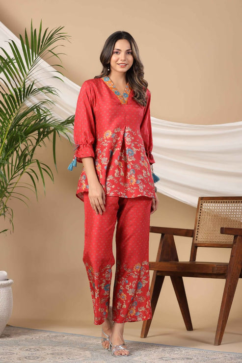 Stylish Red Muslin Co-ord Set