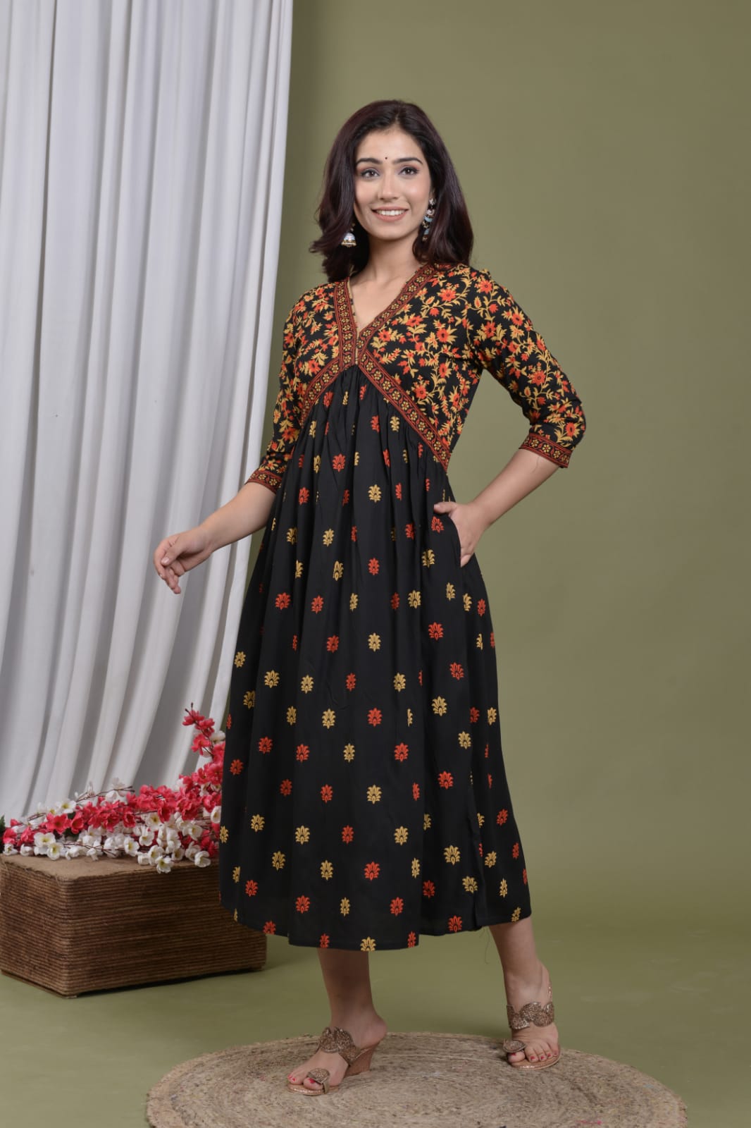 Premium Black Floral Long Dress