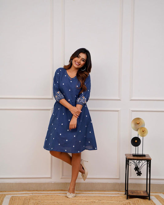 Designer Blue Floral Handloom Dress