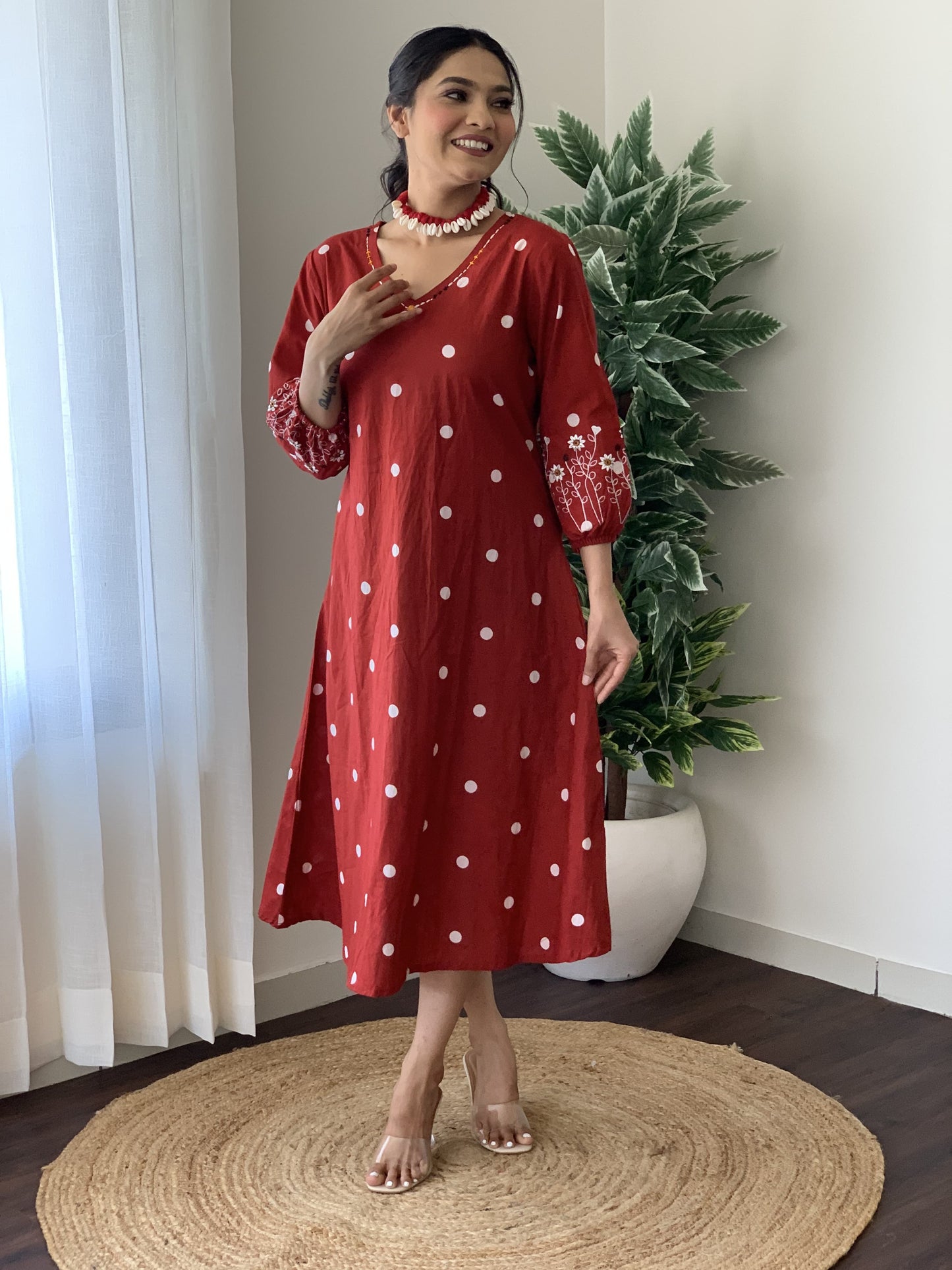 Designer Red Floral Handloom Dress