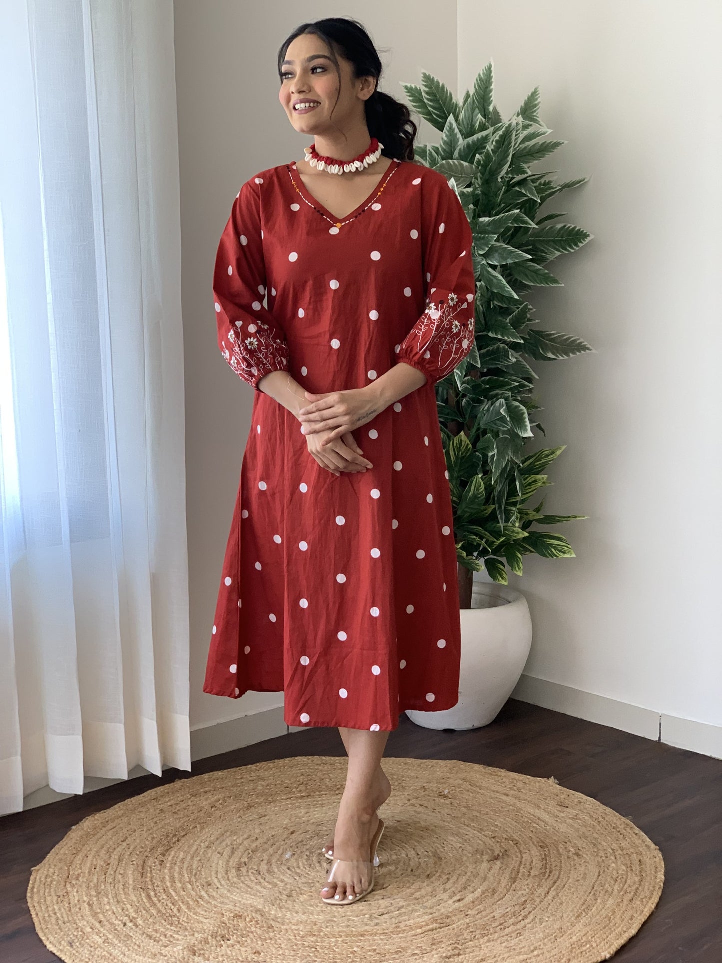 Designer Red Floral Handloom Dress