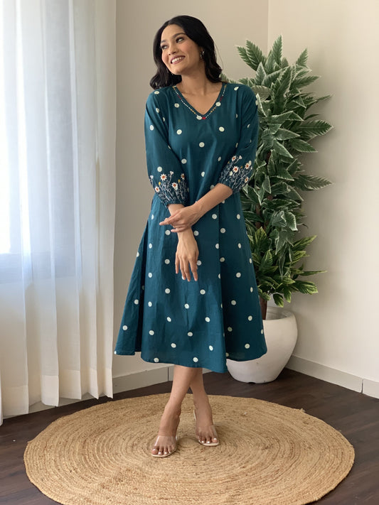 Designer Teal Floral Handloom Dress