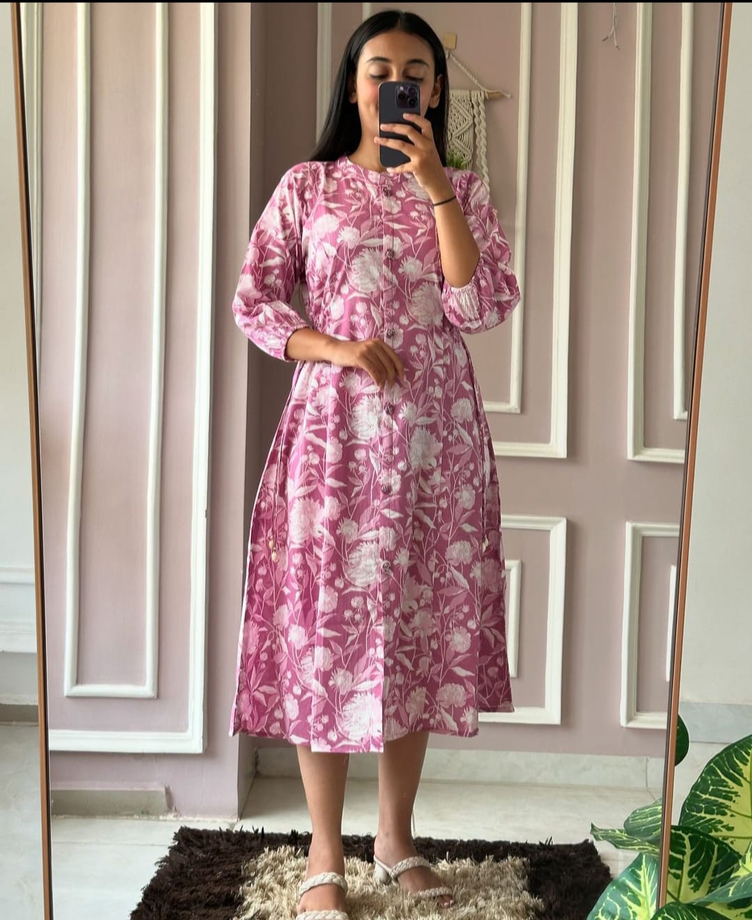 Elegant Floral Ikkat Printed Middi Dress