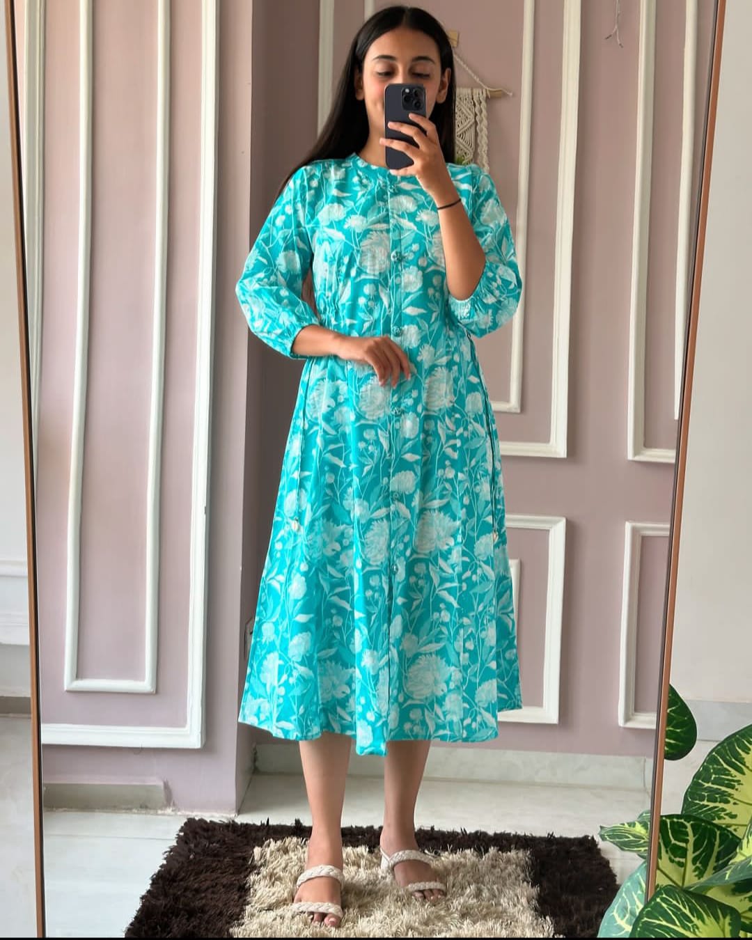 Elegant Floral Ikkat Printed Middi Dress