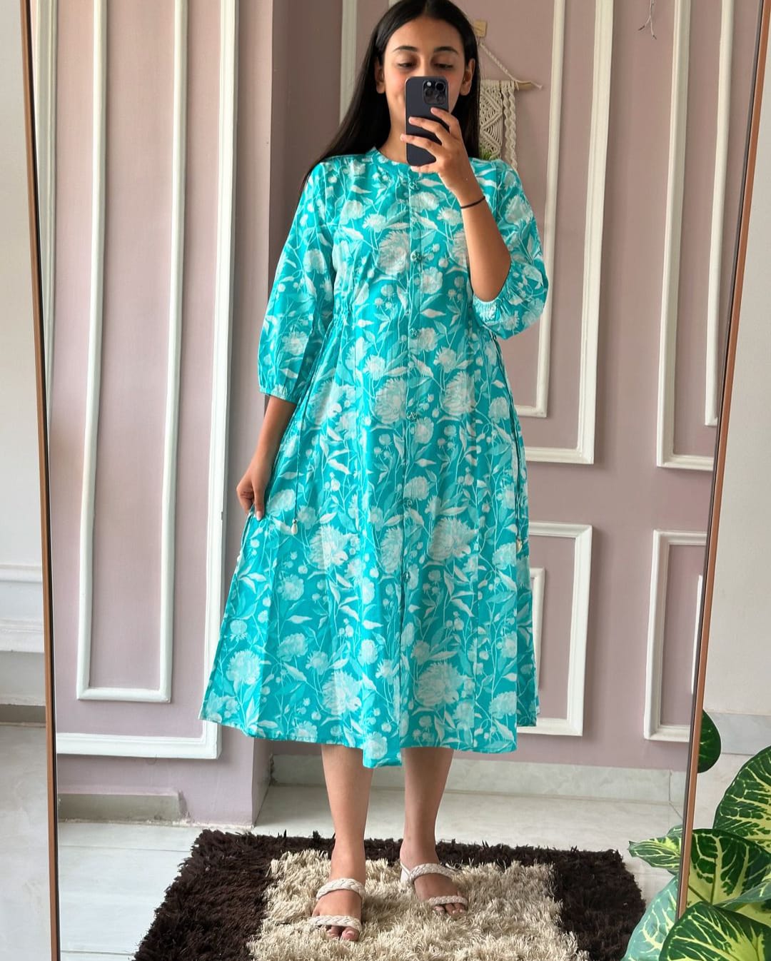 Elegant Floral Ikkat Printed Middi Dress