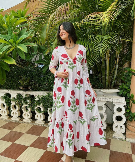 Floral Rose White Cotton Dress