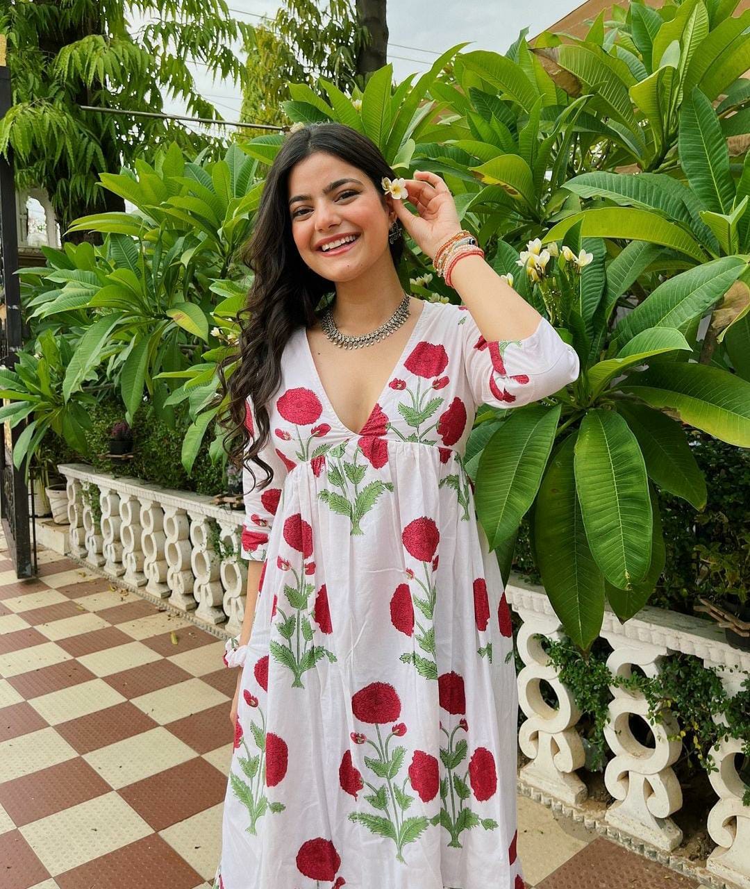 Floral Rose White Cotton Dress