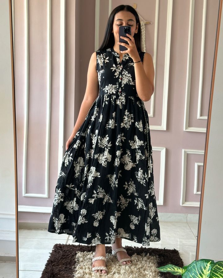 Designer Black & White Floral Printed Dress