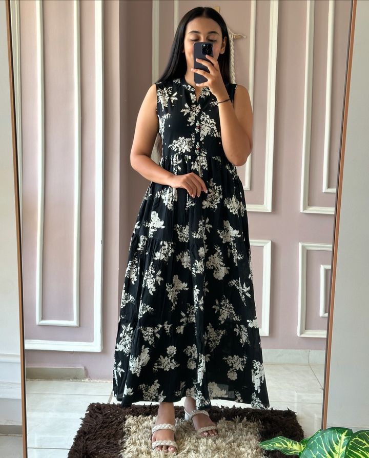 Designer Black & White Floral Printed Dress