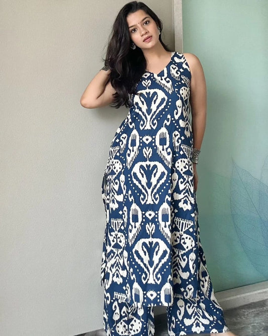 Blue Long Abstract printed Co-ord Set