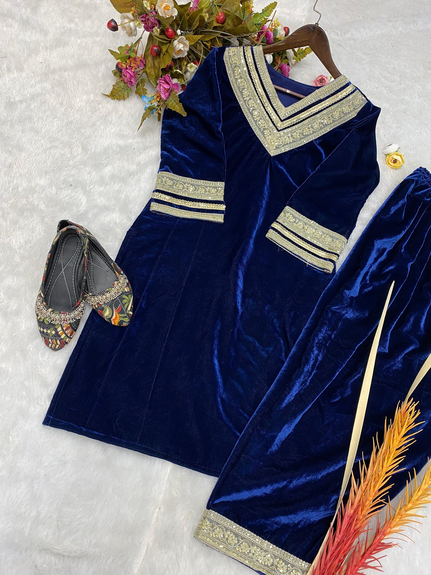 Elegant Blue Velvet Embroidered Co-ord Set