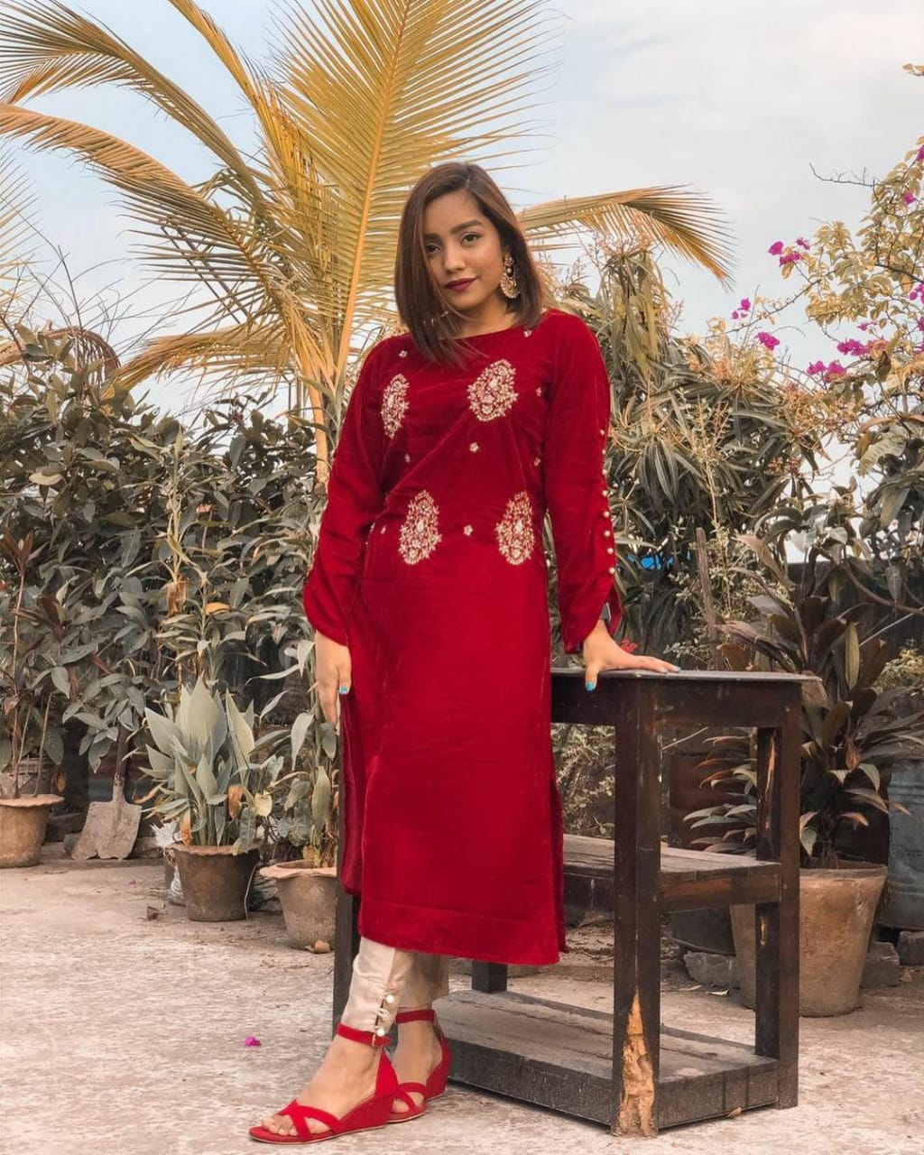 Designer Velvet Red Embroidered Co-ord Set