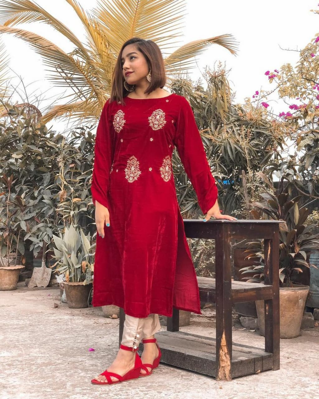 Designer Velvet Red Embroidered Co-ord Set